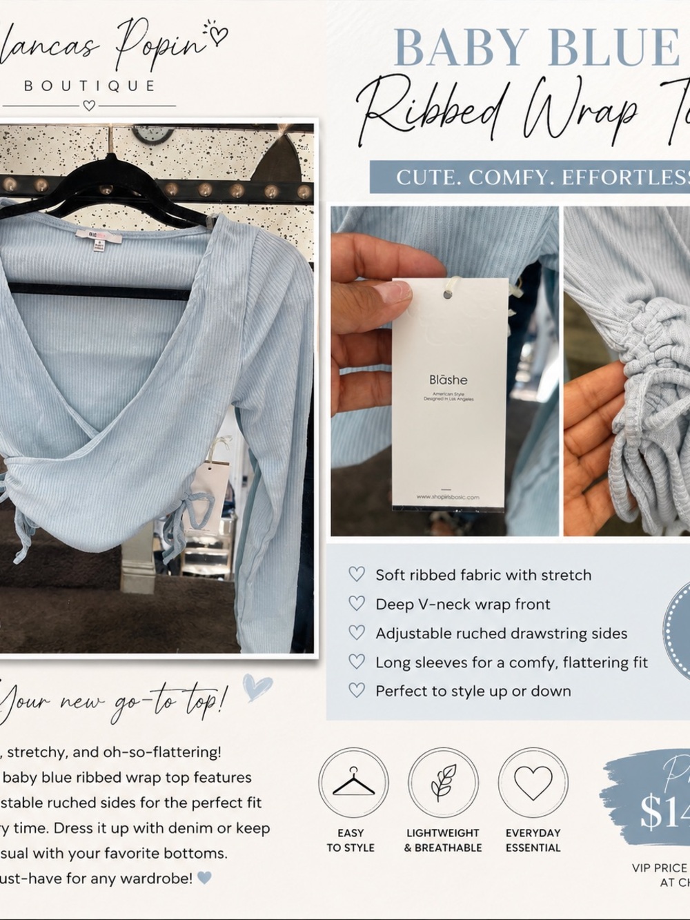 Blāshe Baby Blue Ribbed Wrap Long Sleeve Top